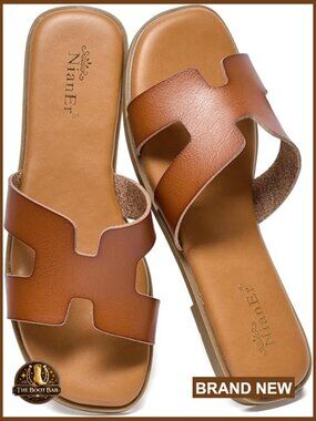 Womens Microfiber Leather H Band Square Toe Sandals Flat Slip On Summer Shoes